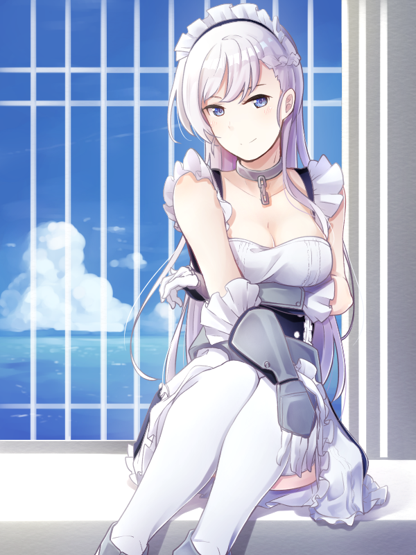 1girl, azur_lane, belfast_(azur_lane), blue_eyes, blush, braid, breasts, chain, cleavage, collar, collarbone, commentary_request, female_focus, gloves, half_up_braid, large_breasts, long_hair, looking_at_viewer, maid, maid_headdress, morugen, silver_hair, sitting, smile, solo, thighhighs, white_thighhighs