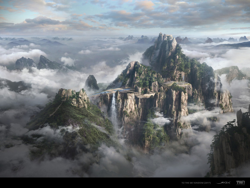 above_clouds, blue_sky, cloud, cloudy_sky, commentary, dated, day, fantasy, highres, ming_yee_sheh, mountain, no_humans, original, outdoors, scenery, signature, sky, valley