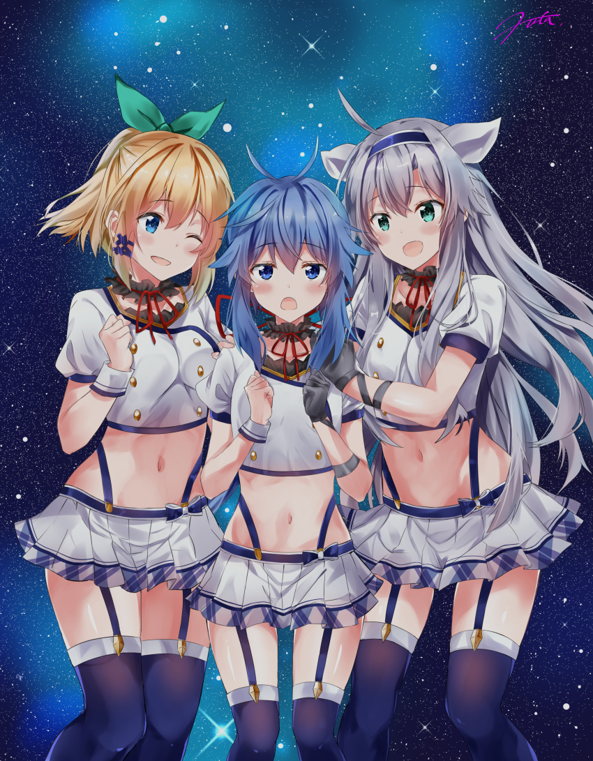 3girls, :d, ;d, absurdres, ahoge, akgotch, antenna_hair, asymmetrical_gloves