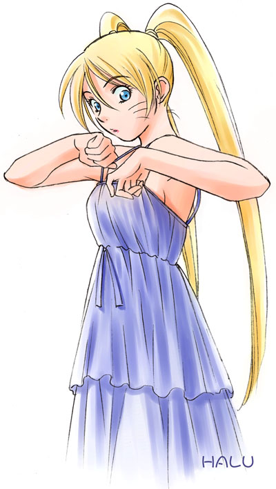 1girl, adjusting_clothes, adjusting_dress, armpits, baorai, bare_arms, blonde_hair, blue_dress, blue_eyes, breasts, clothes_lift, dress, dress_lift, facial_mark, female_focus, from_side, genderswap, genderswap_(mtf), hands_up, lifting_own_clothes, long_hair, looking_down, medium_breasts, naruko_(naruto), naruto_(classic), naruto_(series), parted_lips, sideboob, simple_background, solo, standing, surprised, twintails, uzumaki_naruto, very_long_hair, whisker_markings, whiskers, white_background
