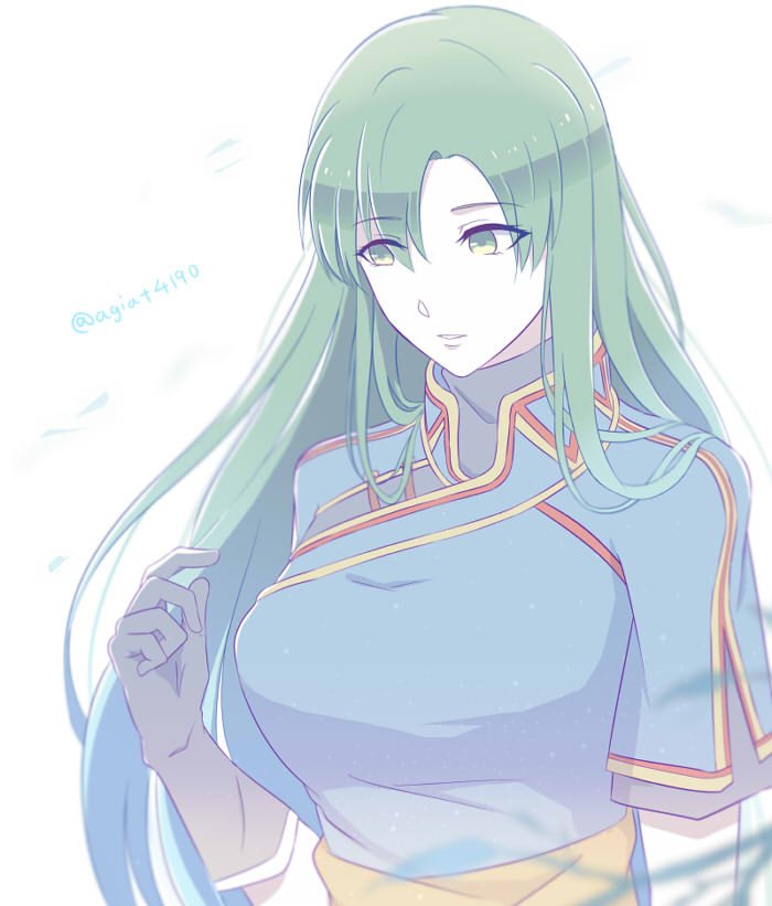 1girl, blush, dress, female_focus, fire_emblem, fire_emblem:_the_blazing_blade, gloves, green_eyes, green_hair, hair_down, high_ponytail, kazame, long_hair, lyn_(fire_emblem), nintendo, ponytail, simple_background, solo, very_long_hair