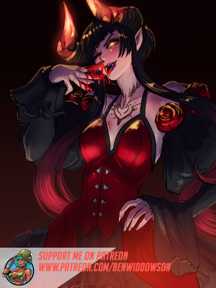 1girl, ben_widdowson, black_hair, blood, blood_on_breasts, blood_on_hands, breasts, closed_eyes, demon_horns, detached_sleeves, dress, eliza_(tekken), fangs, female_focus, fingernails, frilled_sleeves, frills, glowing, glowing_eye, hand_on_own_hip, highres, horns, licking, licking_finger, lipstick, long_fingernails, looking_at_viewer, makeup, medium_breasts, namco, one_eye_closed, patreon_username, pointy_ears, purple_lips, red_dress, short_hair_with_long_locks, slit_pupils, solo, tattoo, tekken, tekken_7, tongue, tongue_out, vampire, watermark, web_address, yellow_eyes