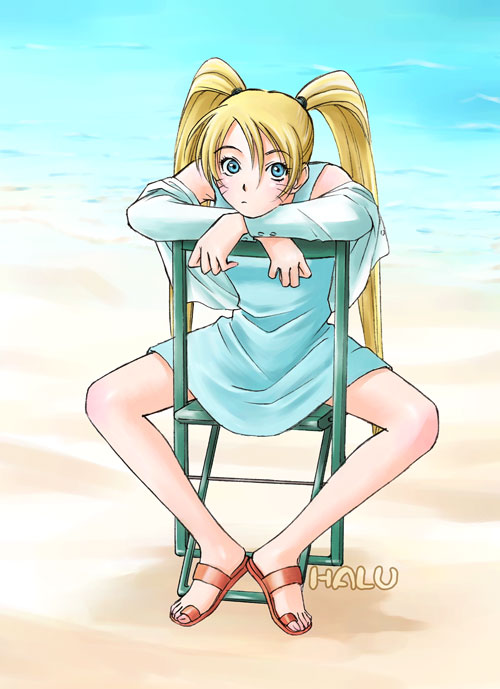 1girl, baorai, beach, blonde_hair, blue_dress, blue_eyes, blush, breasts, chair, closed_mouth, crossed_arms, day, dress, facial_mark, facing_viewer, female_focus, full_body, genderswap, genderswap_(mtf), hair_between_eyes, hair_tie, head_rest, knees_apart_feet_together, legs, long_hair, looking_at_viewer, medium_breasts, naruko_(naruto), naruto_(classic), naruto_(series), ocean, on_chair, orange_sandals, outdoors, raised_eyebrows, sand, sandals, sitting, solo, spread_legs, twintails, uzumaki_naruto, very_long_hair, water, whisker_markings, whiskers