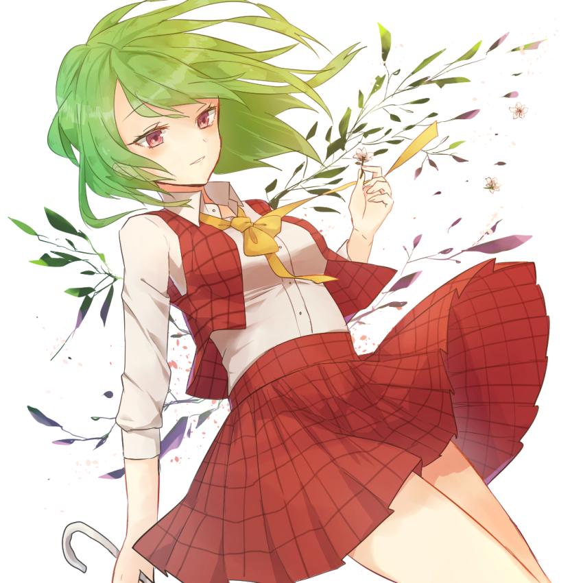 1girl, commentary_request, dress_shirt, female_focus, flower, green_hair, holding, holding_flower