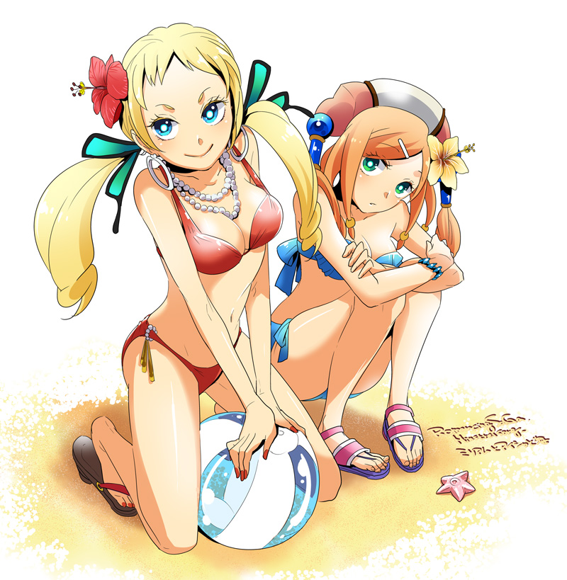 1girl, 2girls, aisha_(saga), ball, beachball, bikini, blonde_hair, blue_eyes