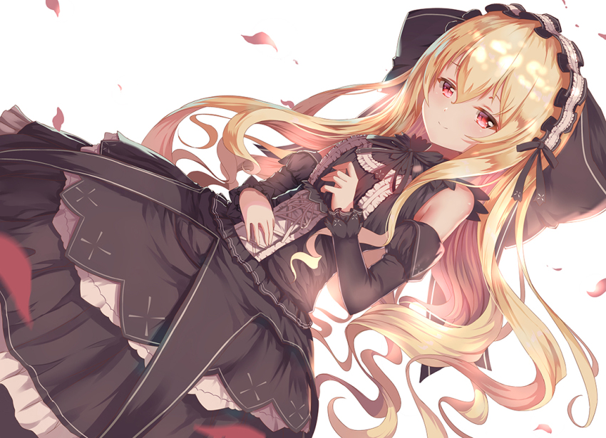1girl, bare_shoulders, black_0_0p, black_dress, black_ribbon, blonde_hair, detached_sleeves, dress