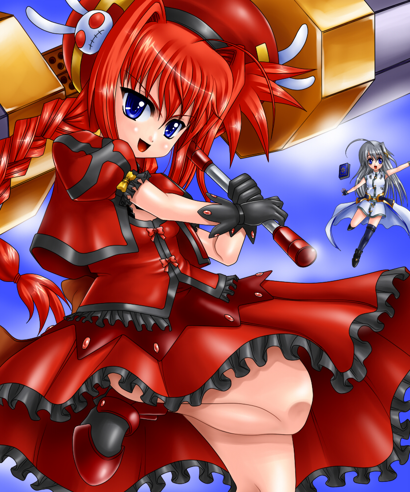 00s, 2girls, blue_eyes, braid, gao_(artist), gao_(naodayo), graf_eisen, lyrical_nanoha