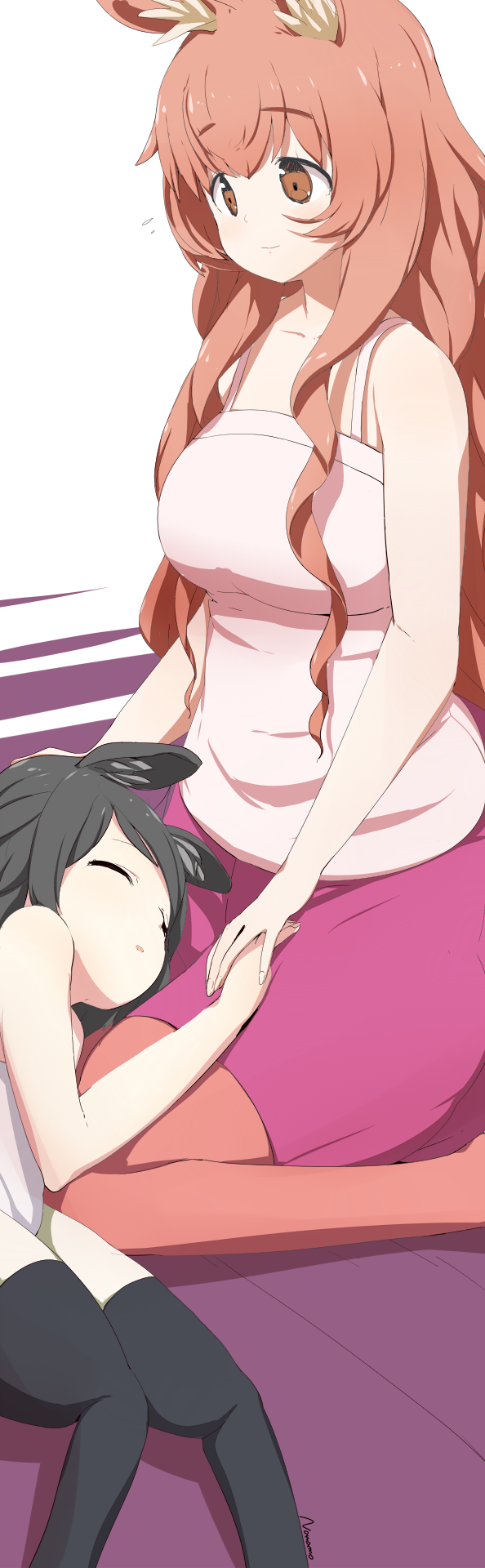 2girls, bare_shoulders, black_hair, black_legwear, brown_eyes, brown_hair, camisole, centaur, centaur_no_nayami, holding_hands, highres, kimihara_himeno, lap_pillow, long_hair, looking_at_another, multiple_girls, namamo_(kura), shino_(centaur_no_nayami), sleeping, smile, taur, thighhighs, wavy_hair