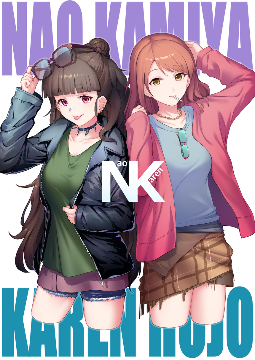 2girls, adjusting_clothes, adjusting_eyewear, adjusting_hair, arm_up, back-to-back, bandage_on_face, bandages