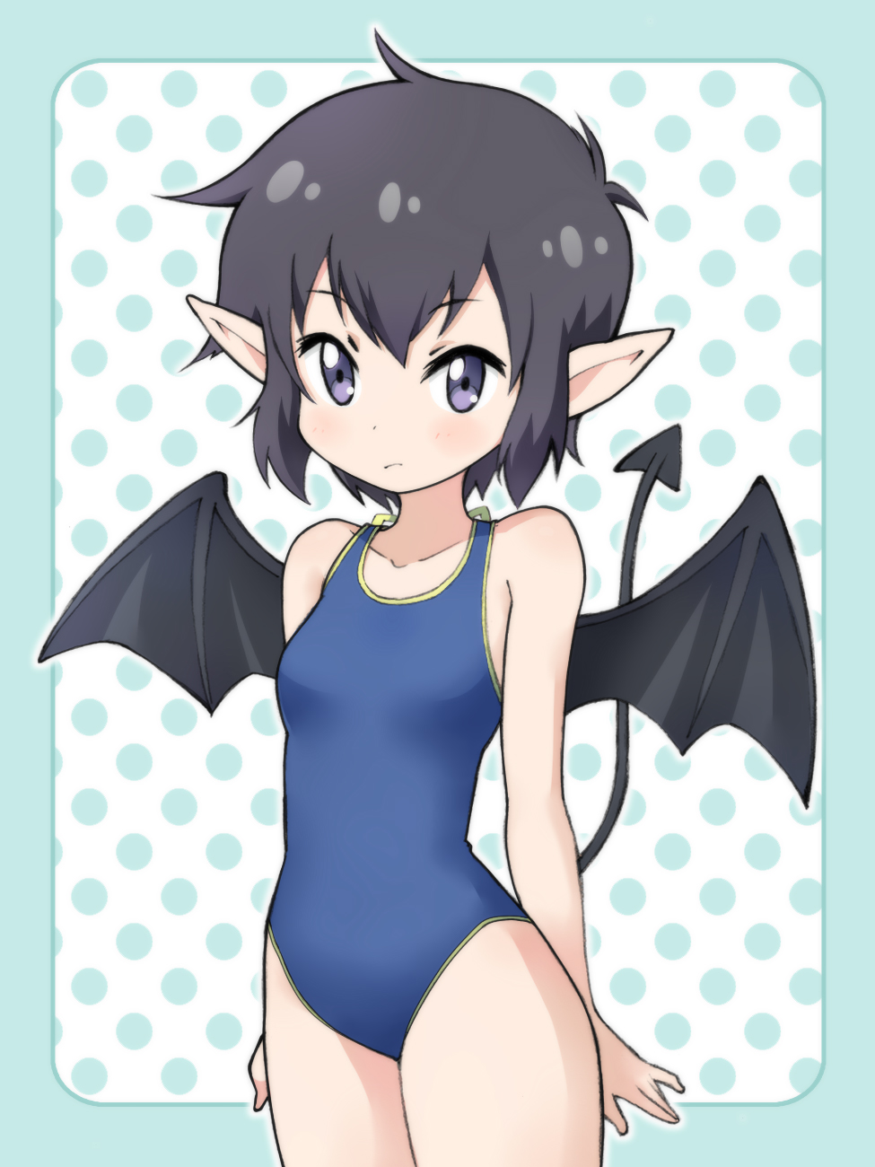 1girl, black_hair, blue_one-piece_swimsuit, centaur_no_nayami, cowboy_shot, demon_girl, demon_tail, demon_wings, female_focus, gokuraku_nozomi, hakkatou, highres, looking_at_viewer, monster_girl, one-piece_swimsuit, pointy_ears, polka_dot, polka_dot_background, purple_eyes, short_hair, solo, swimsuit, tail, wings