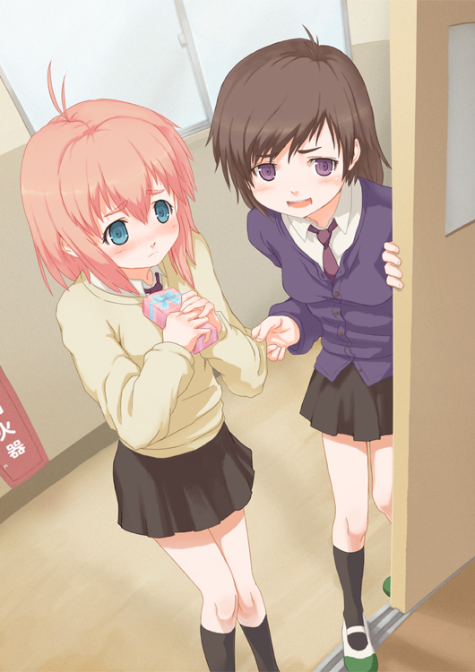 29_(artist), 2girls, ahoge, aqua_eyes, brown_hair, cardigan, gift, holding