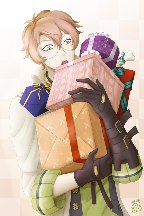 1boy, :o, asymmetrical_gloves, black_gloves, bone, brown_hair, code:realize, d'arc_rose, gift, glasses, gloves, green_eyes, lab_coat, looking_at_viewer, male_focus, solo, standing, too_many, uneven_gloves, victor_frankenstein_(code:realize), watermark