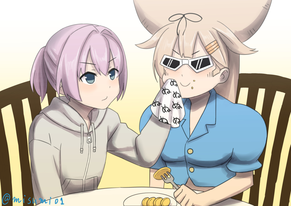 2girls, afro, alternate_costume, alternate_hairstyle, blue_hair, bobobo-bo_bo-bobo, bobobo-bo_bo-bobo_(character), bobobo-bo_bo-bobo_(character)_(cosplay), bow, commentary_request, cosplay, food, food_on_face, fork, hair_bow, hair_flaps, hair_ornament, hair_ribbon, hairclip, handkerchief, holding, hood, hooded_jacket, jacket, kantai_collection, light_brown_hair, long_hair, misumi_(niku-kyu), multiple_girls, ponytail, purple_hair, ribbon, shiranui_(kancolle), shirt, smile, sunglasses, takuan, twitter_username, yuudachi_(kancolle)