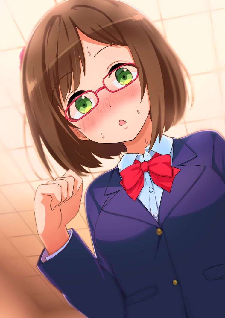 1girl, blazer, blue_jacket, blue_shirt, blush, bob_cut, bow, bowtie