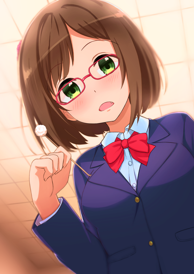 1girl, blazer, blue_jacket, blue_shirt, blush, bob_cut, bow, bowtie