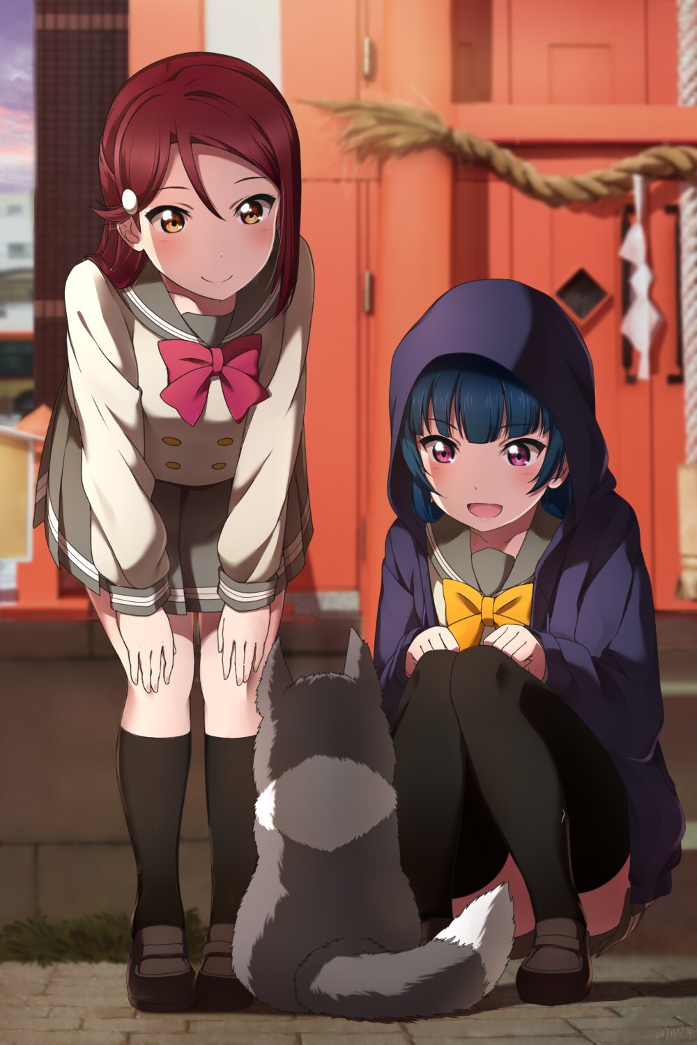 2girls, animal, anko_(love_live!), black_hair, dog, highres, hood, hood_up