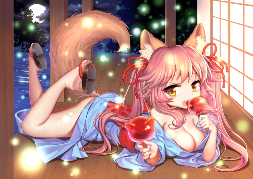 10s, 1girl, animal_ears, ass, breasts, cleavage, eating, fang