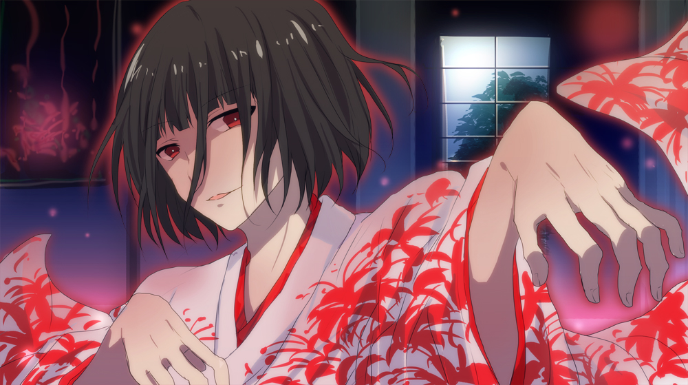10s, 1boy, bad_id, bad_pixiv_id, floral_print, flower, ghost, green_hair, idolmaster, idolmaster_side-m, japanese_clothes, kimono, kiyosumi_kuro, male_focus, nemurakko, red_eyes, red_flower, short_hair, smile, solo, spider_lily, spider_lily_print, upper_body, window