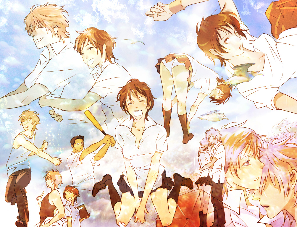 00s, 1girl, 2boys, ass, baseball, bent_over, bird, fujitani_kaho, hayakawa_yuri, konno_makoto, koutarou_(artist), koutarou_(farthest), makoto_konno, mamiya_chiaki, multiple_boys, panties, pantyshot, school_uniform, toki_wo_kakeru_shoujo, tsuda_kousuke, umbrella, underwear, white_panties