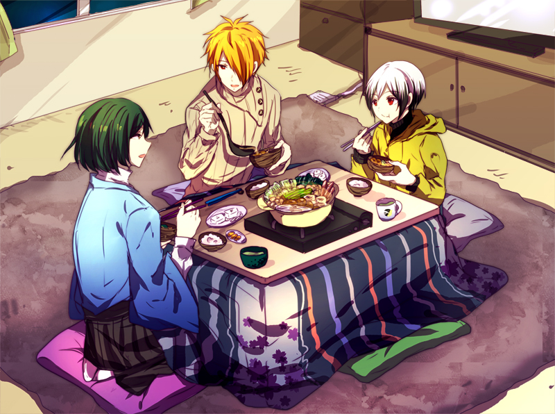 10s, 3boys, bad_id, bad_pixiv_id, chopsticks, cup, hair_over_one_eye, hakama