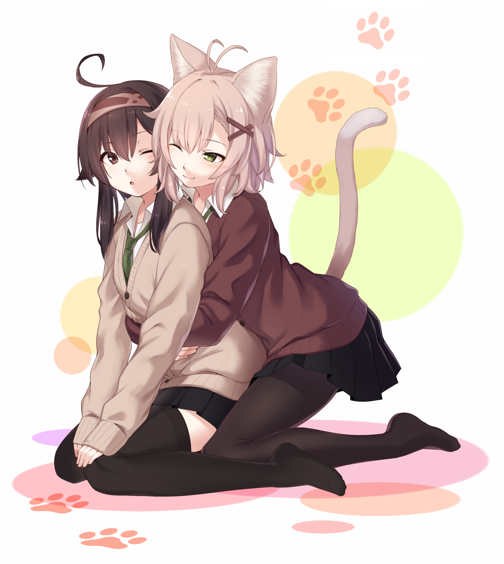 2girls, ahoge, animal_ears, antenna_hair, black_legwear, black_skirt, blush, borrowed_character