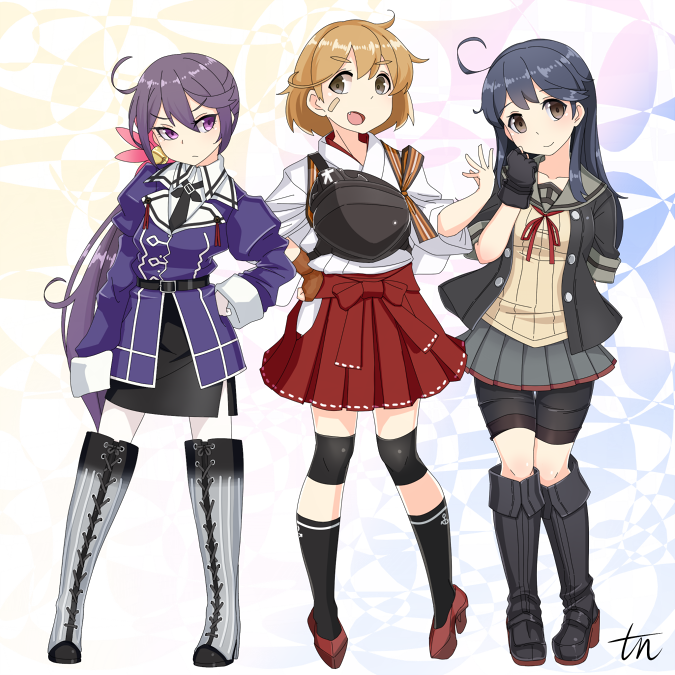 >:(, 3girls, abukuma_(kancolle), abukuma_(kancolle)_(cosplay), ahoge, akebono_(kancolle), alternate_costume, anchor_symbol