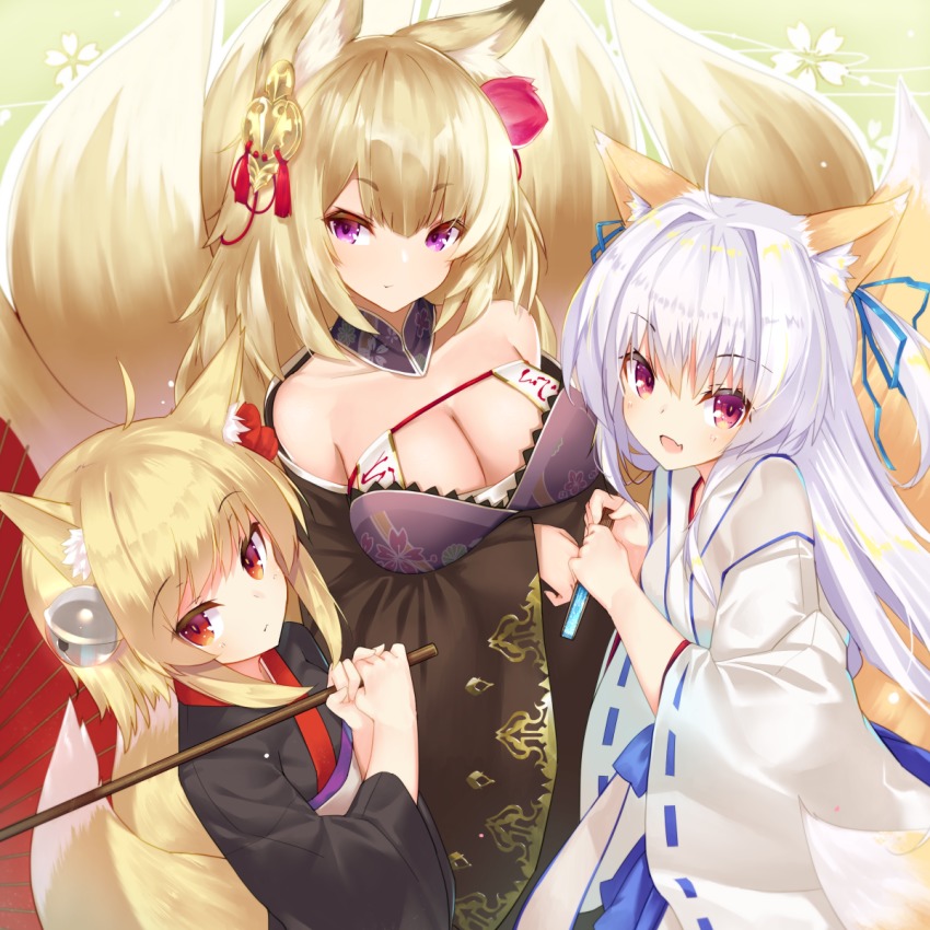 3girls, ahoge, animal_ears, bell, blonde_hair, blush, breast_hold, breasts