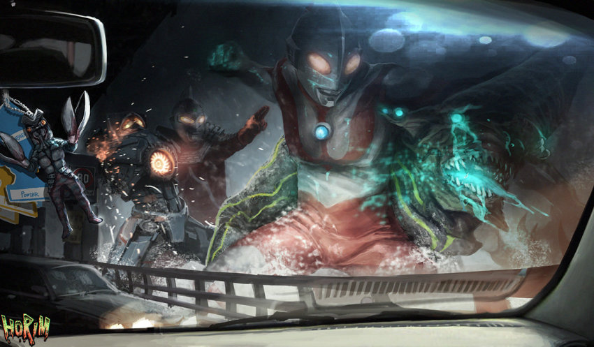 alien, baltan_seijin, bioluminescence, blood, blue_blood, body_markings, bridge, cannon, car_mirror, chest_cannon, colored_blood, crossover, directed-energy_weapon, energy, energy_cannon, energy_weapon, epic, giant, giant_monster, gipsy_danger, glowing, glowing_blood, glowing_eyes, glowing_mouth, glowing_veins, horim_eom, jaeger_(pacific_rim), kaiju, knifehead, legendary_pictures, mecha, amputee, monster, neon_trim, nuclear_vortex_turbine, pacific_rim, pan_pacific_defense_corps, pov, rain, robot, seijin, sparks, superhero_costume, tsuburaya_productions, ultra_series, ultraman, ultraman_(1st_series), ultraseven, ultraseven_(series), veins