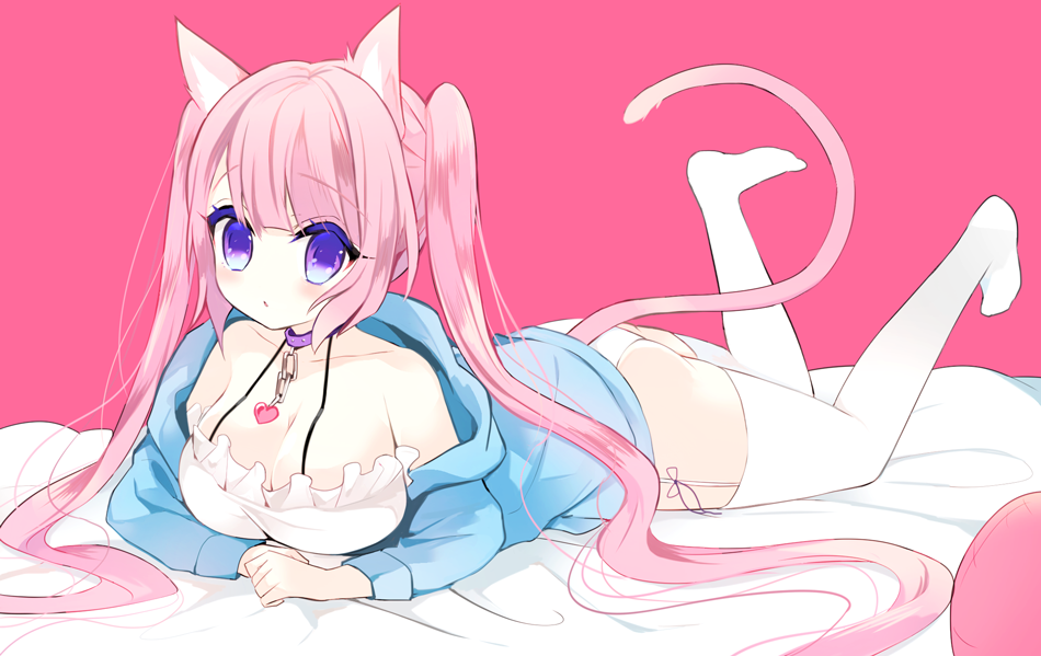 1girl, amesawa_mokke, animal_ears, bed_sheet, blue_hoodie, blush, breasts, cat_ears