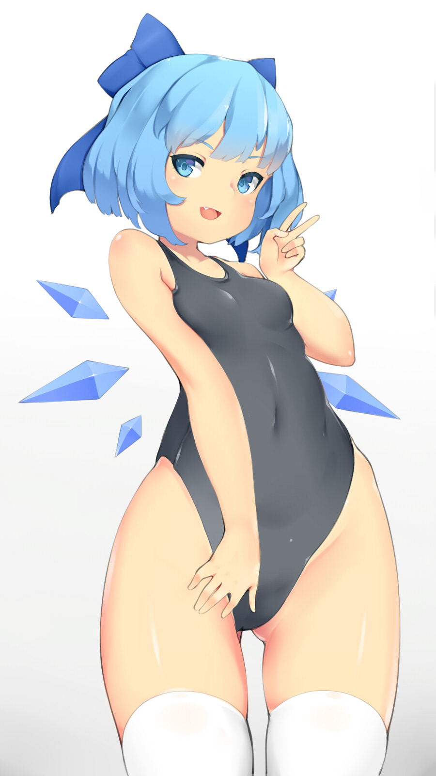 1girl, :d, bare_arms, black_one-piece_swimsuit, blue_bow, blue_eyes, blue_hair, bow