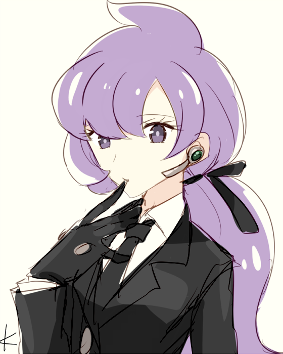 1girl, anabel_(pokemon), black_gloves, black_jacket, black_necktie, black_ribbon, breasts, earpiece, female_focus, finger_to_mouth, formal_clothes, gloves, hair_ribbon, hand_up, jacket, kanade_(unchi_knd280), long_hair, long_sleeves, looking_at_viewer, matching_hair/eyes, necktie, nintendo, pokemon, pokemon_omega_ruby_and_alpha_sapphire, ponytail, purple_eyes, purple_hair, ribbon, shirt, signature, simple_background, small_breasts, solo, suit, text_focus, upper_body, white_background, white_shirt
