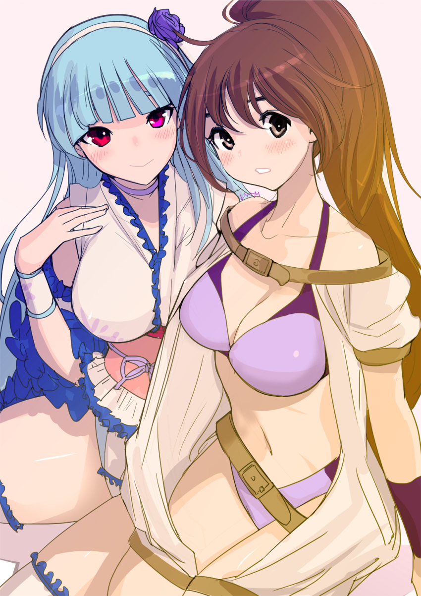 1girl, 2girls, aqua_hair, blue_hair, blush, boots, breasts, brown_eyes