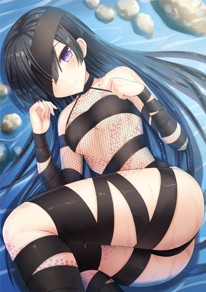 1girl, ass, bandaged_arm, bandaged_leg, bandages, bare_shoulders, black_hair, blush