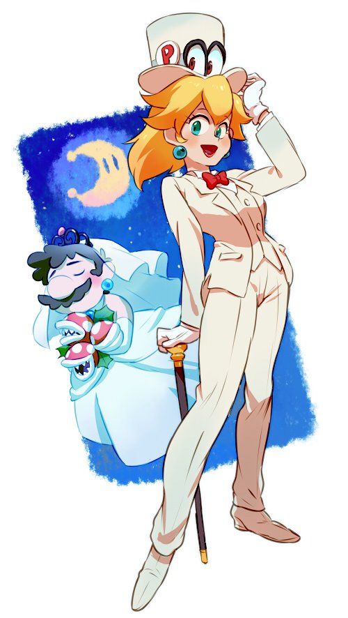 1girl, blonde_hair, blue_eyes, bridal_veil, brown_hair, cappy_(mario), cosplay, costume_switch, crossdressing, crossdressing_(ftm), dress, facial_hair, gloves, hat, jewelry, long_hair, looking_at_viewer, mario, mario_(cosplay), mario_(series), mario_(tuxedo), motohashi_mari, mustache, nintendo, princess_peach, princess_peach_(cosplay), princess_peach_(wedding), short_hair, super_mario_odyssey, veil, wedding_dress, white_gloves