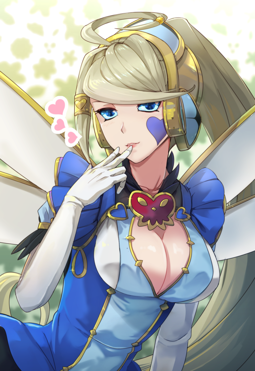1girl, blonde_hair, blue_dress, blue_eyes, blush, breasts, cleavage, cleavage_cutout, clothing_cutout, dress, duel_monster, elbow_gloves, facial_mark, female_focus, finger_to_mouth, gloves, hair_ornament, heart, highres, hsin, large_breasts, long_hair, looking_at_viewer, parted_lips, puffy_short_sleeves, puffy_sleeves, short_sleeves, smile, solo, trickstar_holly_angel, upper_body, very_long_hair, white_gloves, wings, yu-gi-oh!, yu-gi-oh!_vrains, yuu-gi-ou, yuu-gi-ou_vrains