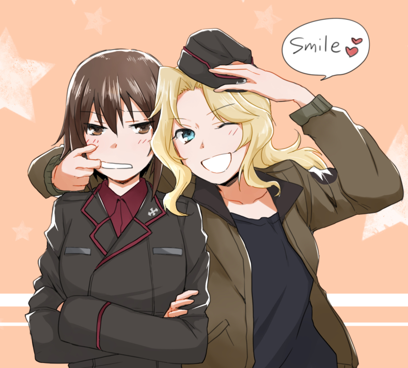 10s, 2girls, :d, black_hat, black_jacket, black_shirt, blonde_hair, blue_eyes