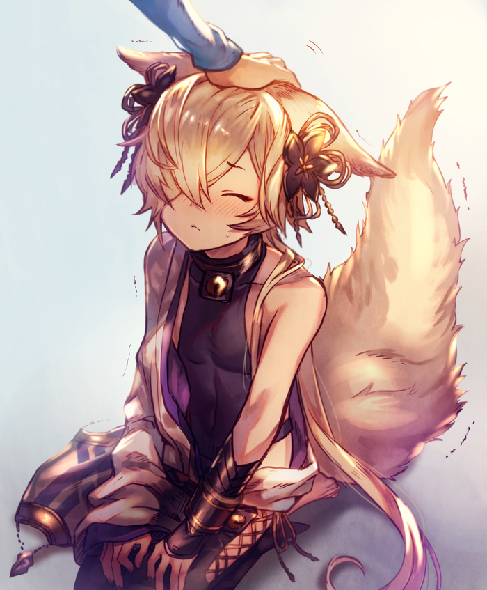 1boy, animal_ears, backless_outfit, blush, collar, erune, closed_eyes, fox_ears