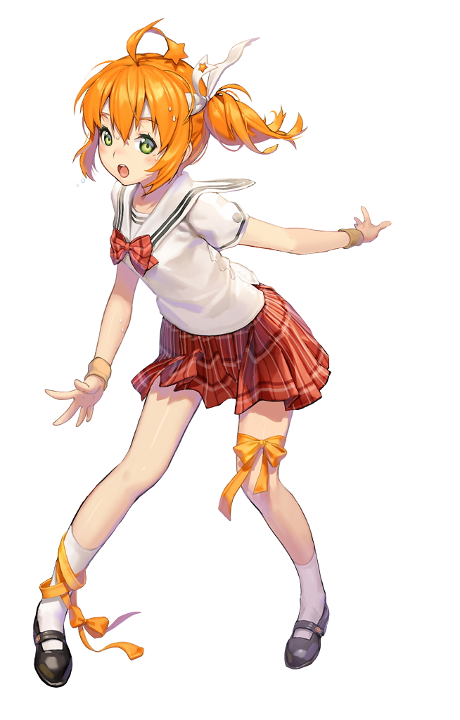 1girl, ahoge, ankle_ribbon, aria_(destiny_child), bow, destiny_child, female_focus, full_body, green_eyes, hair_ornament, headband, kkuem, leg_ribbon, mary_janes, official_art, open_mouth, orange_hair, plaid_bow, plaid_clothes, plaid_skirt, pleated_skirt, ribbon, school_uniform, shoes, short_sleeves, side_ponytail, simple_background, skirt, solo, star_(symbol), star_hair_ornament, sweat, thigh_ribbon, white_background, white_legwear, wristband