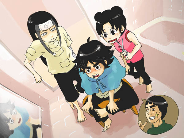 1girl, 3boys, barefoot, bath, bathroom, bdsm, black_eyes, black_hair, black_pants, bondage, bound, chair, chinese_clothes, cutting_hair, double_bun, forehead_protector, grey_eyes, hair_bun, hyuuga_neji, kaz_(nishi_kaz0112), long_hair, might_guy, mirror, multiple_boys, naruto_(classic), naruto_(series), open_mouth, pants, rock_lee, scissors, short_hair, sitting, smile, sparkle, teeth, tenten_(naruto), tile_floor, tile_wall, tiles