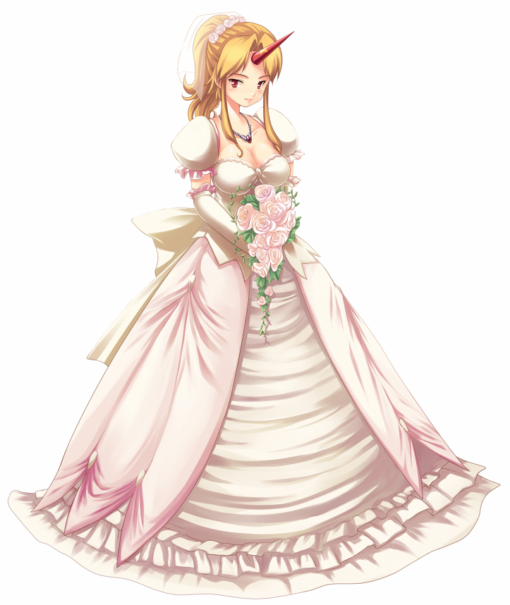 1girl, blonde_hair, bouquet, breasts, bride, dress, elbow_gloves, female_focus