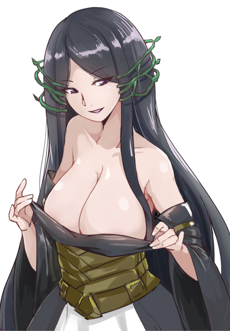 1girl, armpit_peek, bare_shoulders, black_eyes, black_hair, breasts, cleavage, collarbone, detached_sleeves, dress, female_focus, large_breasts, long_hair, long_sleeves, looking_at_viewer, mahou_tsukai_no_yome, parted_bangs, parted_lips, plant, sidelocks, smile, solo, strapless, strapless_dress, titania_(mahou_tsukai_no_yome), upper_body, very_long_hair, vines, wide_sleeves, wo_jianqiang_fu_guo