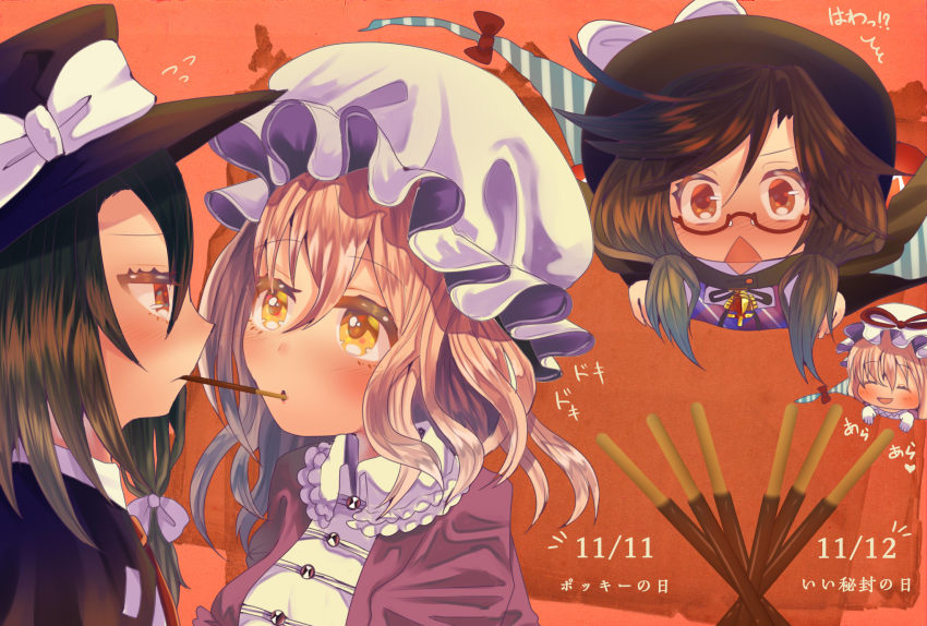 blonde_hair, blush, bolo_tie, brown_hair, capelet, chibi, closed_eyes, colored_eyelashes