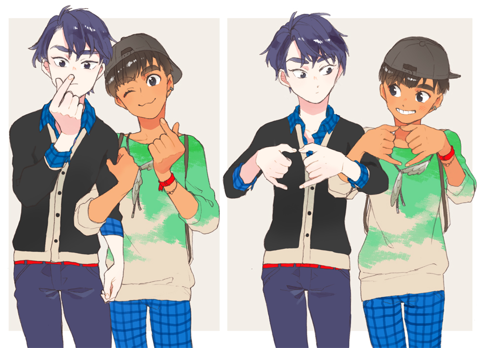 2boys, ;3, backwards_hat, bad_id, bad_pixiv_id, baseball_cap, black_hair, bracelet, dark_skin, dark-skinned_male, ear_piercing, grey_eyes, grin, hat, jewelry, lee_seung-gil, locked_arms, male_focus, multiple_boys, one_eye_closed, phichit_chulanont, piercing, smile, yuri!!!_on_ice, yuuki_(kkurcc)