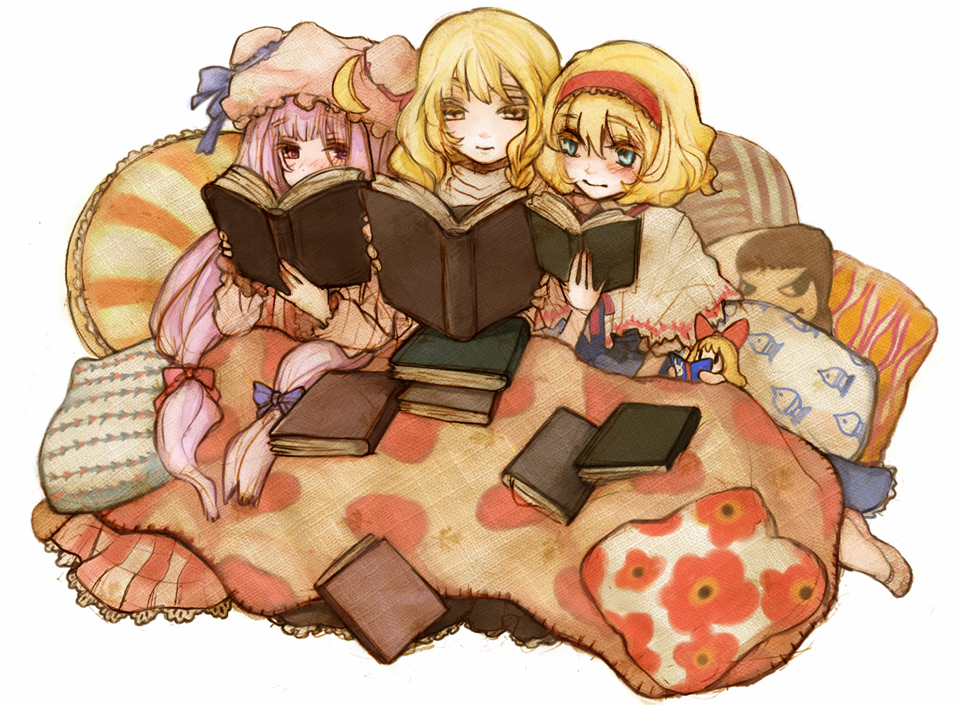 3girls, alice_margatroid, bad_id, bad_pixiv_id, barefoot, bed, book, doll