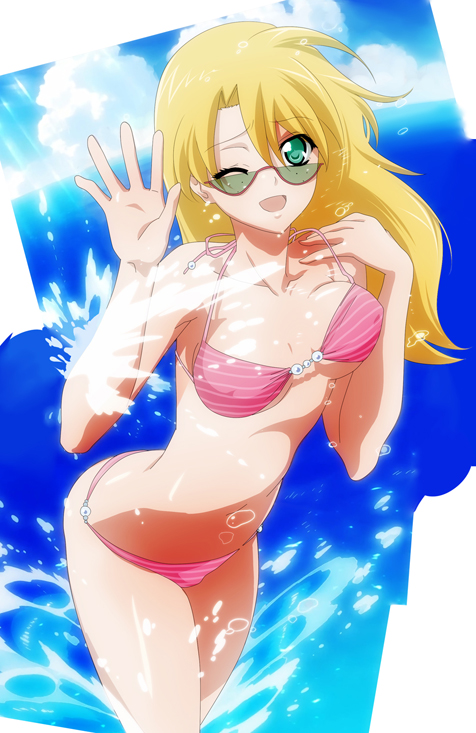 00s, 1girl, aqua_eyes, bikini, blonde_hair, blue-tinted_eyewear, blue_sky, bouncing_breasts, breasts, cloud, collarbone, derivative_work, female_focus, freckles, glasses, green-tinted_eyewear, hand_on_own_shoulder, lens_flare, long_hair, looking_over_eyewear, looking_over_glasses, medium_breasts, mozuku, ocean, one_eye_closed, pink_bikini, rebecca_hopkins, sky, smile, solo, splashing, striped_bikini, striped_clothes, sunglasses, swimsuit, tinted_eyewear, water, yu-gi-oh!, yu-gi-oh!_duel_monsters