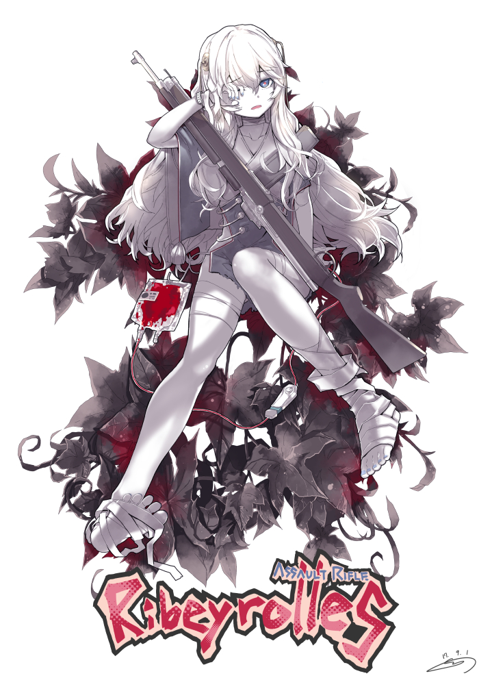 1girl, bad_id, bad_pixiv_id, bandaged_foot, bandaged_leg, bandaged_neck, bandages, blood