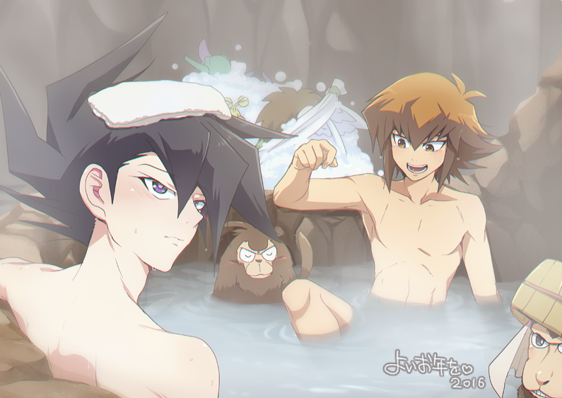 2boys, armpits, black_hair, brown_eyes, brown_hair, c7akaz, hotsprings, male_focus