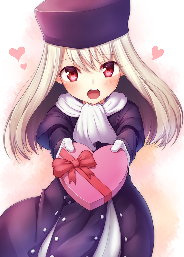albino, blush, bow, box, capelet, coat, commentary_request, cowboy_shot