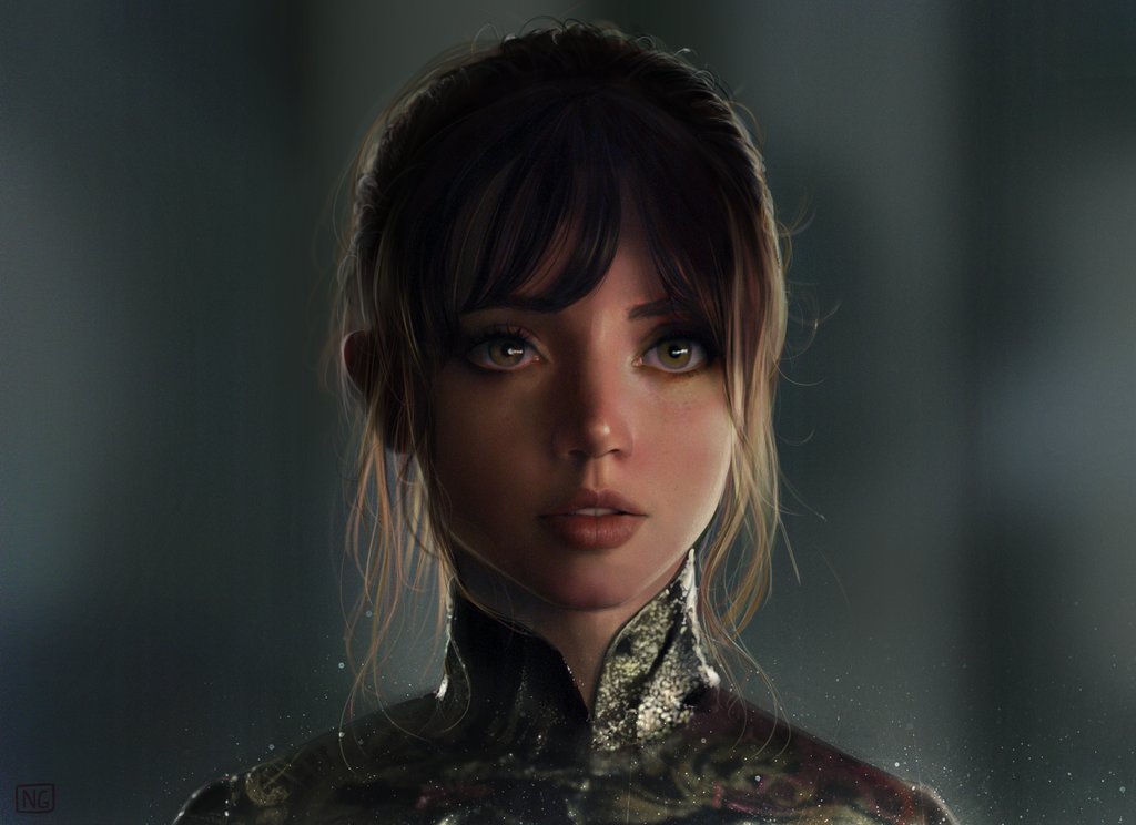 1girl, ana_de_armas, artist_request, blade_runner_(series), blade_runner_2049, brown_eyes, brown_hair, china_dress