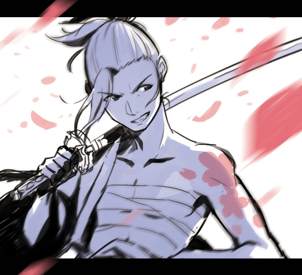 10s, 1boy, bad_id, bad_twitter_id, cherry_blossoms, chest_sarashi, flower_tattoo, grin